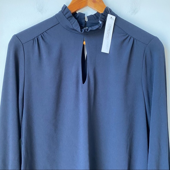 Drew Hannah Navy Ruffle Mock Neck Keyhole Blouse - Picture 2 of 16